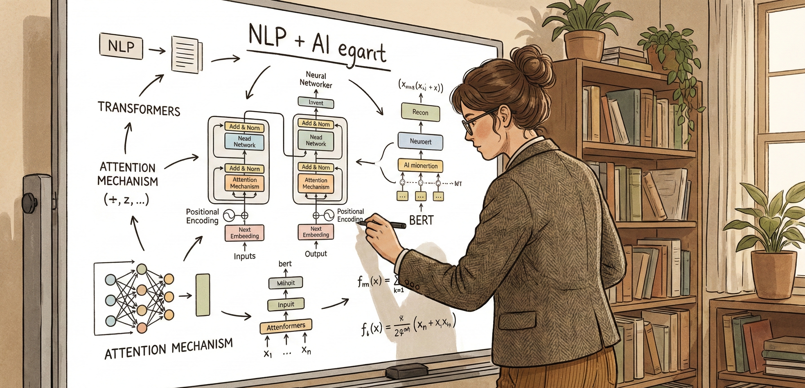 ホワイトボードでNLPの概念を説明する研究者