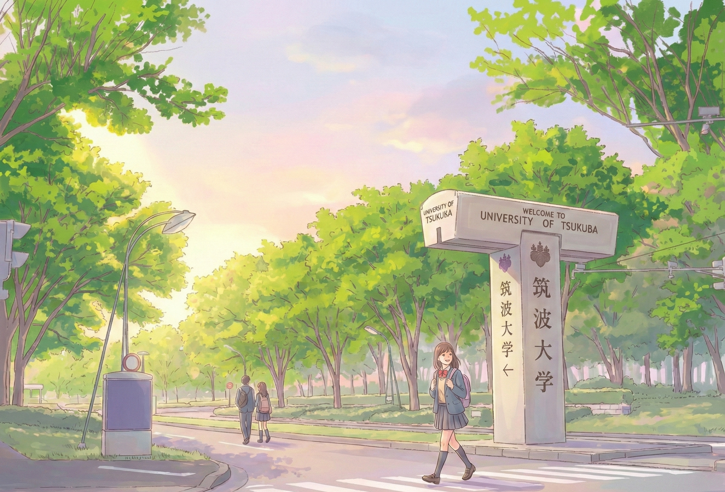 Student walking past the University of Tsukuba gate